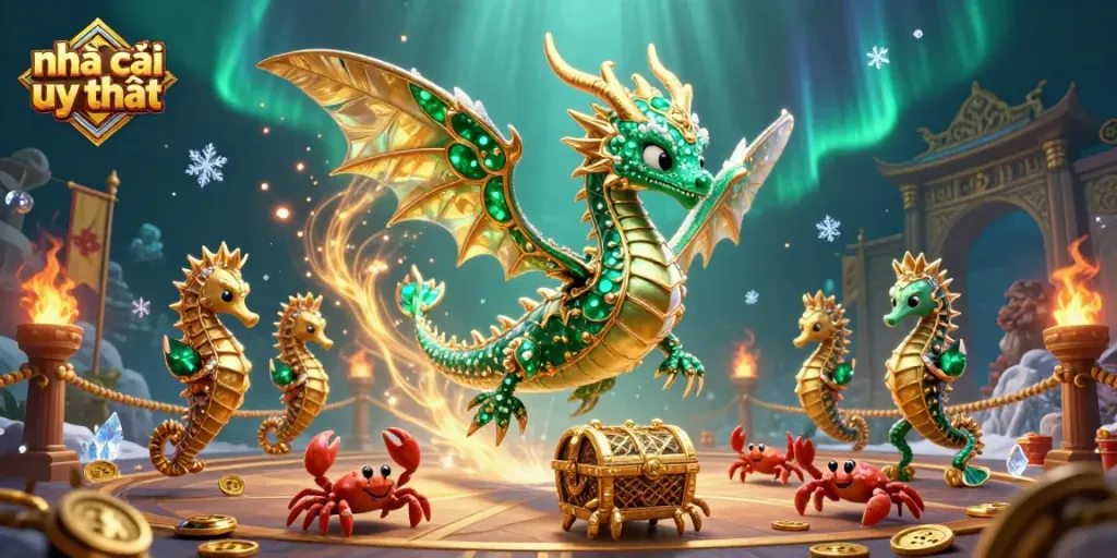 Engage with nhà cái uy tín scene featuring a royal sea dragon, treasure chest, and festive gambling elements.