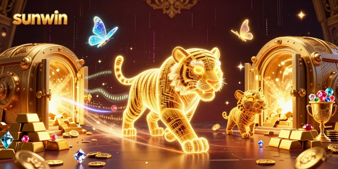 Experience thrilling gameplay at sunwin with a 3D golden tiger amidst dazzling casino treasures and games