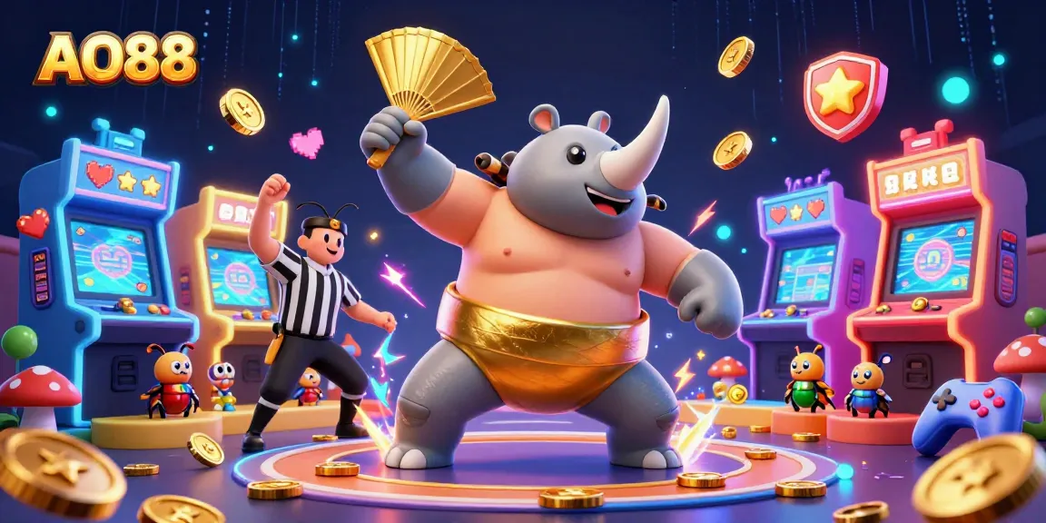 Join the exciting gaming arena at AO88, featuring a dynamic beetle sumo champion amidst vibrant casino elements.
