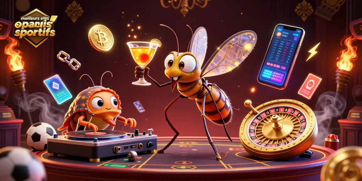 Visualisez les meilleurs sites de paris sportifs avec une illustration de personnages de casino animés et des éléments sportifs dynamiques.