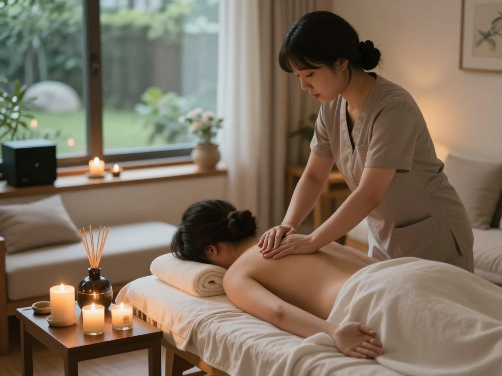 Relaxing 용산출장마사지 scene with a professional masseuse providing soothing care in a tranquil home environment.
