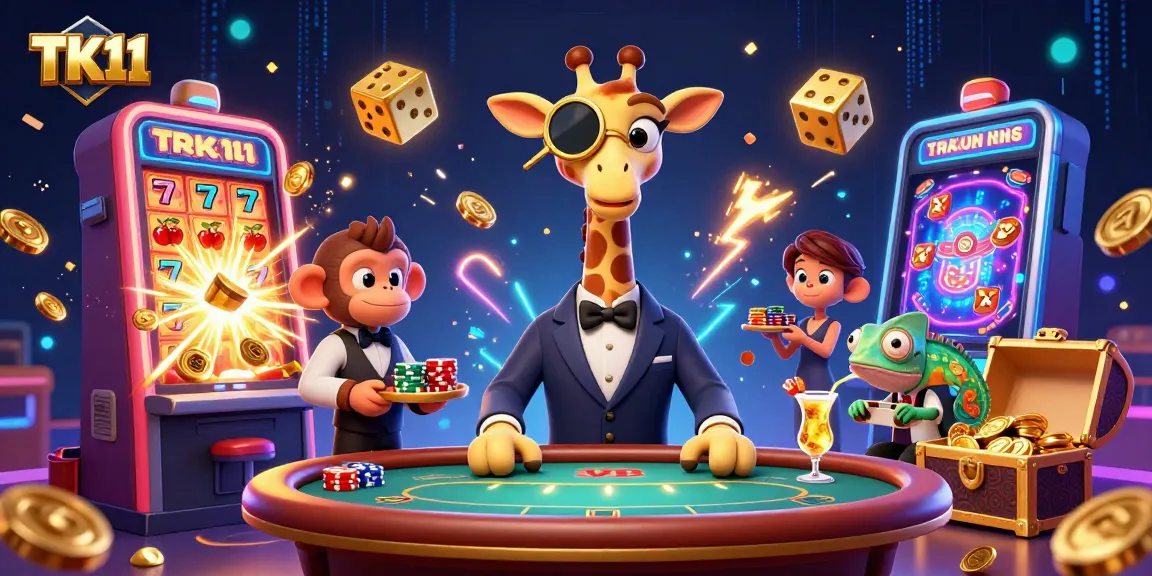 Join the action at TK11 Casino with high-roller giraffe, monkey valet, and chameleon bartender in this vibrant scene.
