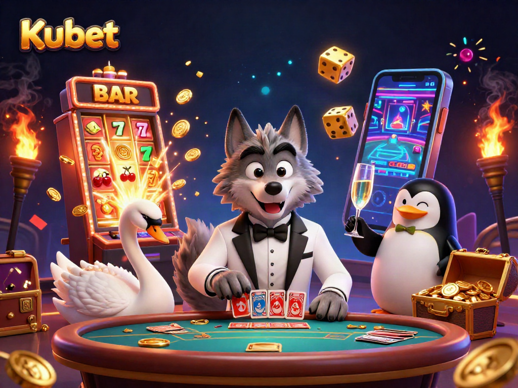 Kubet gaming scene with a wolf, swan, and penguin celebrating wins at the baccarat table, showcasing casino thrills.