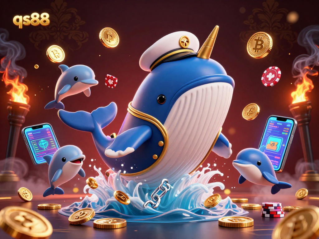 Engage in thrilling gaming adventures at qs88 with a vibrant 3D casino illustration featuring a whale and playful dolphins.