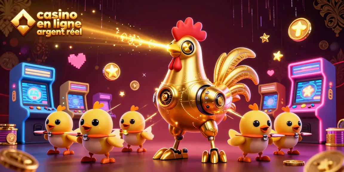 Jouer sur un casino en ligne argent réel avec un robot coq futuriste et des jeux colorés.