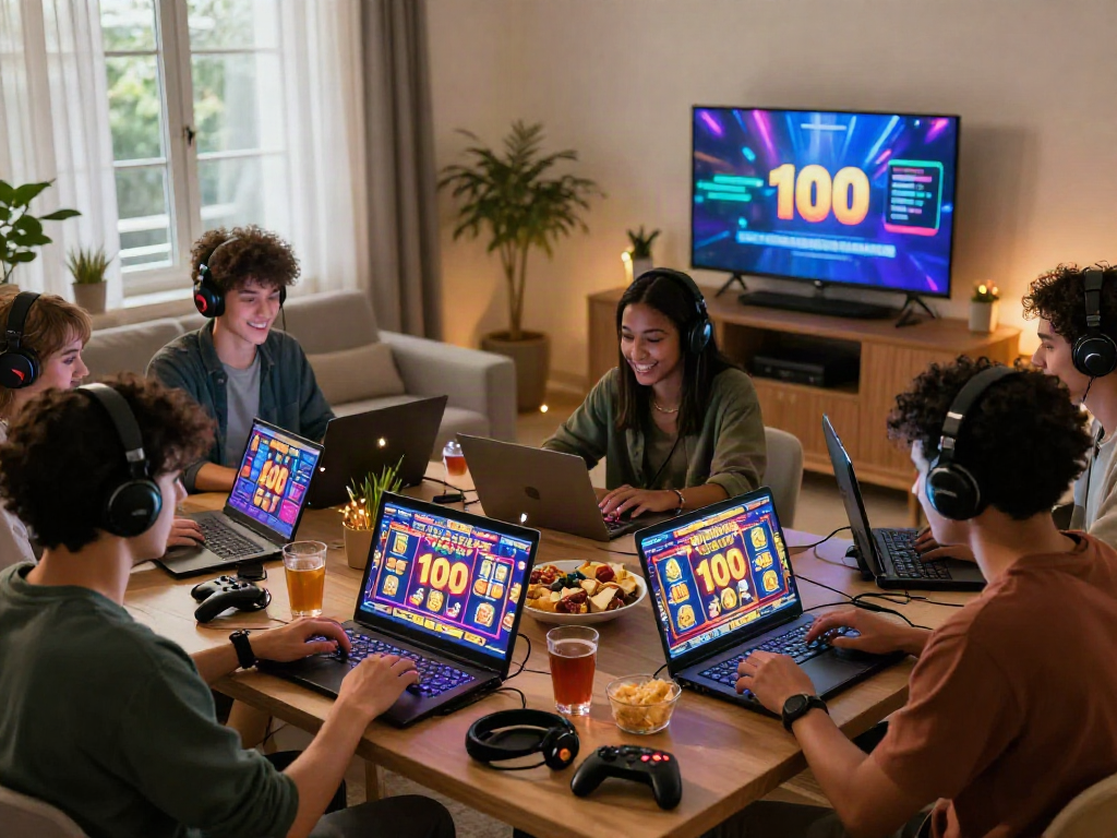 Group of friends enjoying an online gaming night featuring bonus new member 100 promotions in a cozy living room.