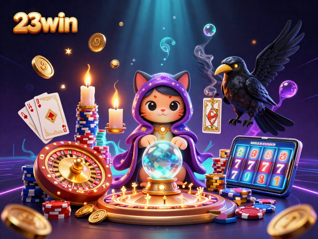 Experience the excitement of 23win casino with a vibrant 3D scene full of coins and fortune tellers.