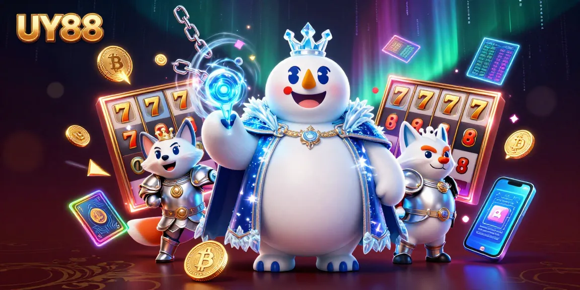 Spin the reels at UY88 with a dynamic 3D illustration showcasing a polar bear and fox amid slot game elements.