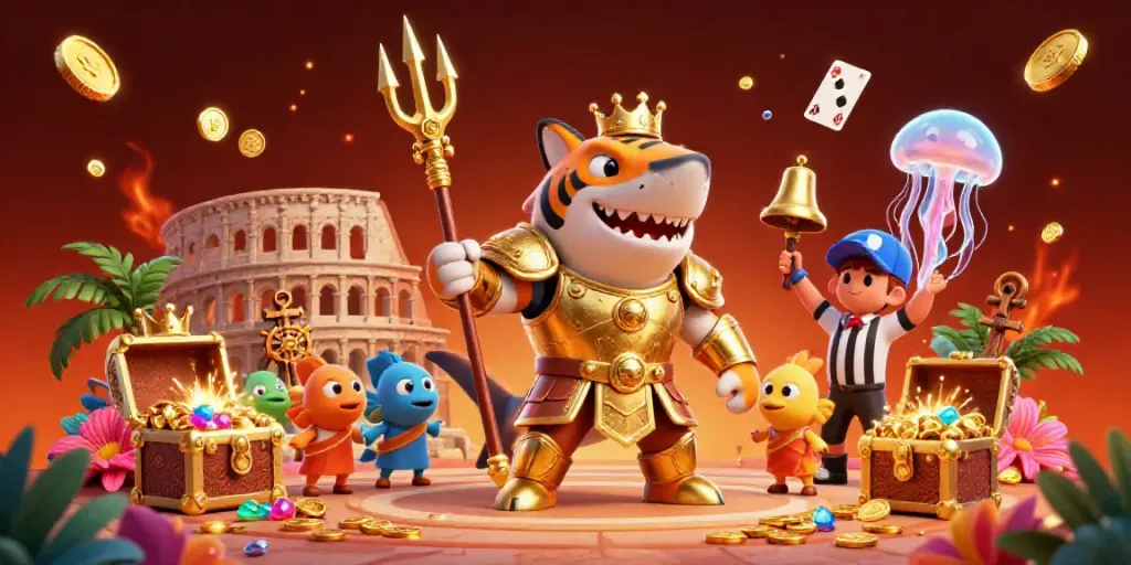 XOSO66 enhances gaming excitement with a fierce gladiator shark in an underwater casino.