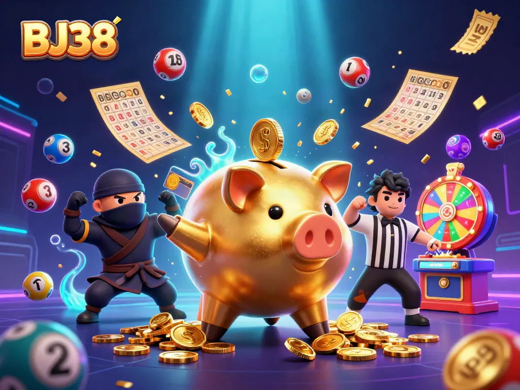 BJ38 captures the excitement of gaming with vibrant casino elements like coins and lottery balls