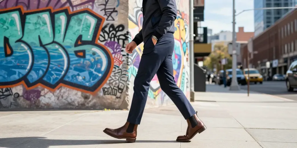Man in stylish men's Chelsea boots walking down city street with urban backdrop.
