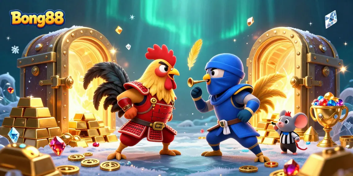 Bong88 showcases a thrilling rooster showdown in a wealth-filled casino environment.