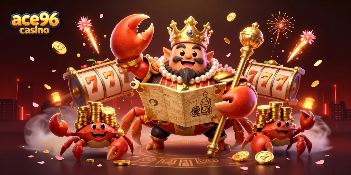 Experience ace96 casino with a golden crab emperor and vibrant gaming elements in a rich 3D scene.