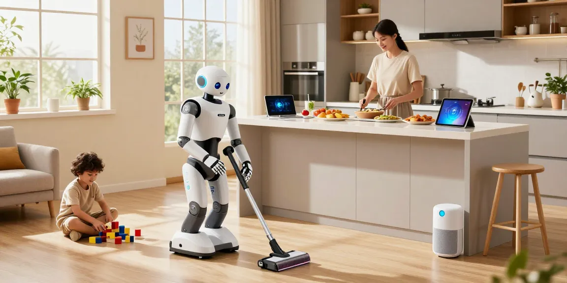 Home robot NEO assisting a family in a modern kitchen, showcasing seamless integration of smart home technology.