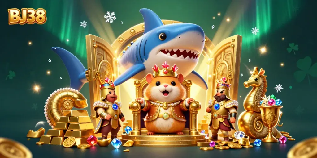 Engage with BJ38 casino adventures featuring a hamster king on treasure amidst sparkling riches.