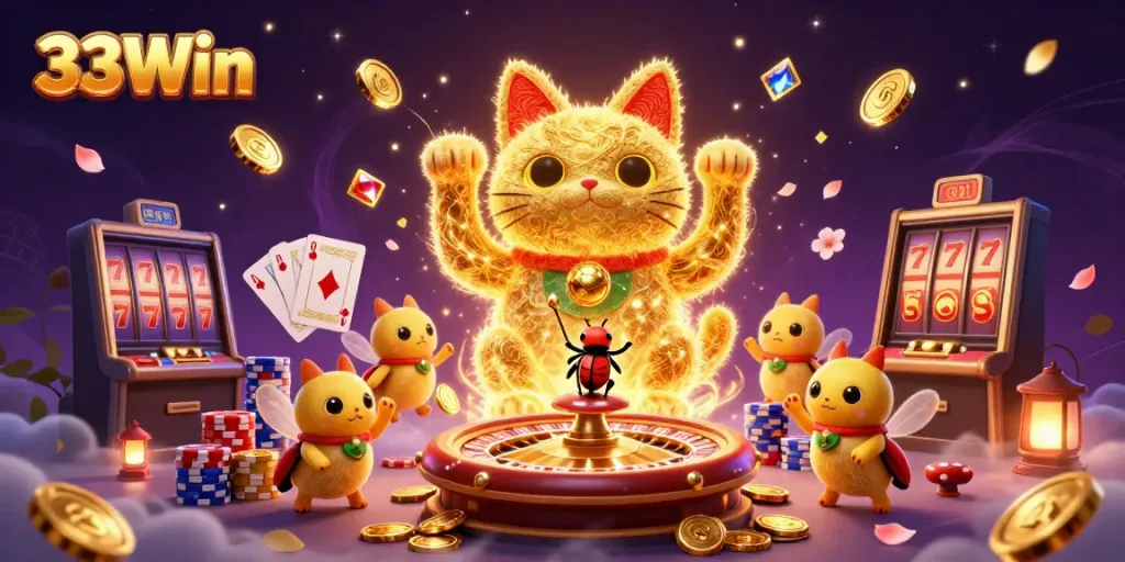 Experience the excitement of 33Win with a vibrant lucky cat and casino symbols.