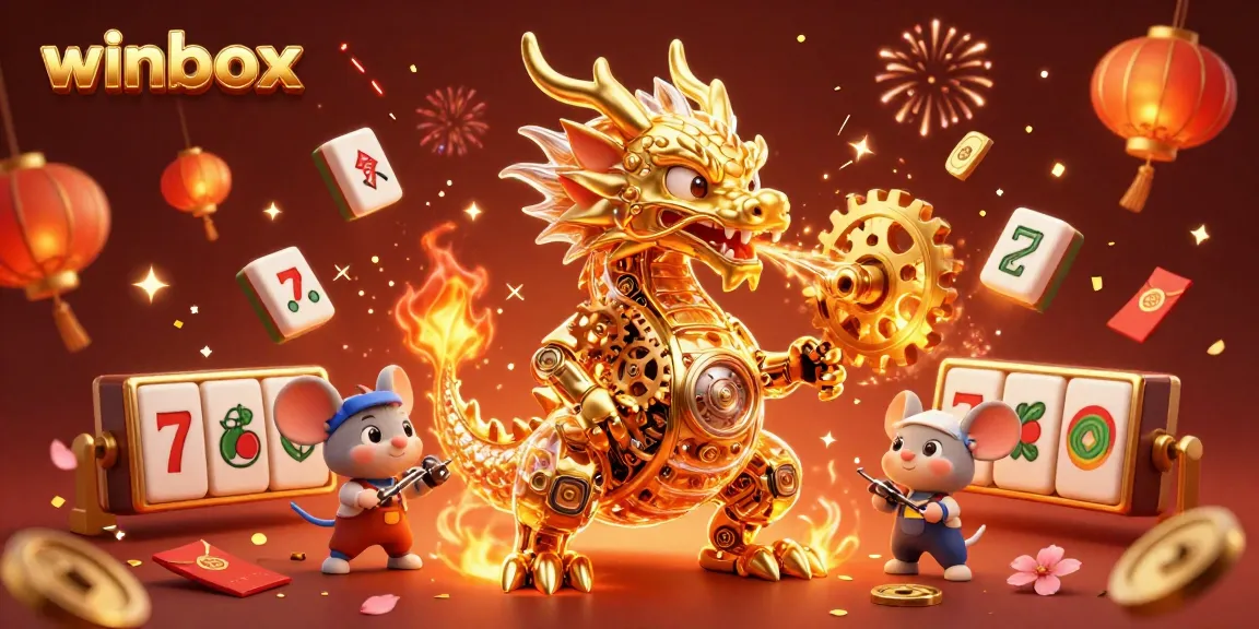 Experience the vibrant world of winbox with a golden dragon and festive gaming elements in a casino setting.