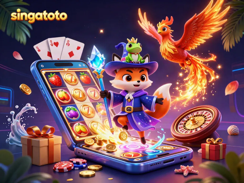 Engage with singatoto's vibrant gaming scene featuring a mystical wizard fox, phoenix, and explosive casino symbols.