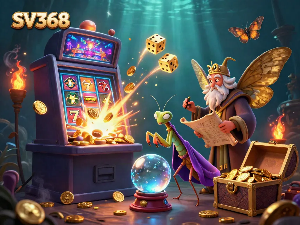 Experience excitement at SV368 with a vibrant illustration of fortune tellers and slot machines.
