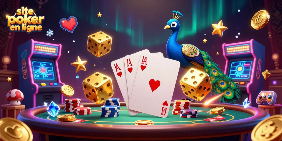Jouez au site poker en ligne avec des jetons brillants et des dés dorés animés.