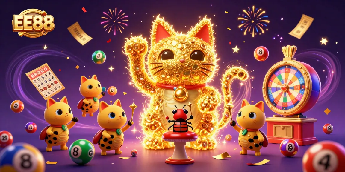 Experience the vibrant charm of EE88 as a lucky cat forms from golden fireflies amidst colorful game elements.