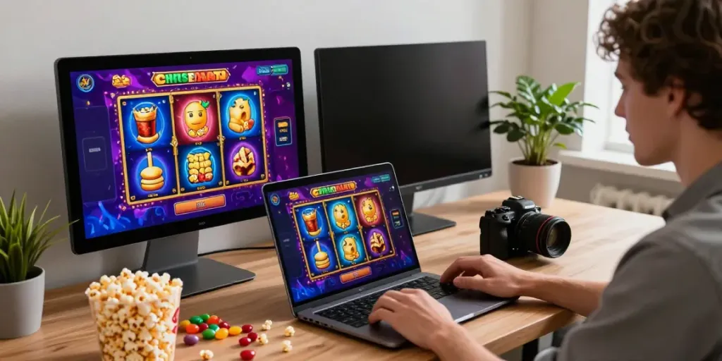 Slot online yang menarik dengan pemain sedang berinteraksi di meja modern.