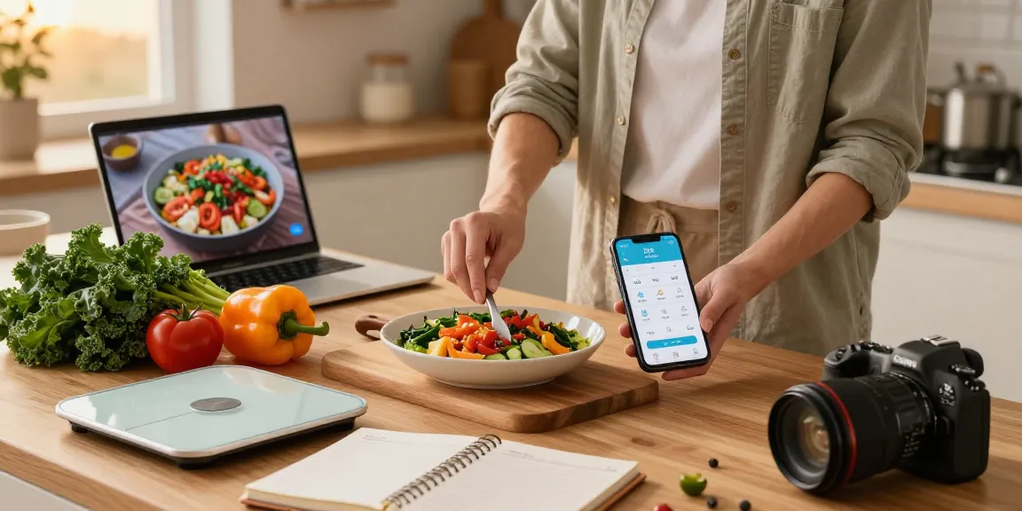 Best food tracker app in use during cooking preparation, showcasing fresh ingredients and healthy meal planning.
