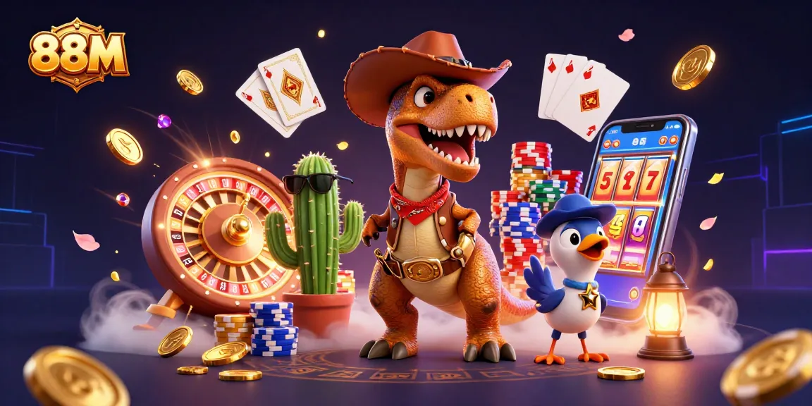 88M features a cartoon T-Rex cowboy surrounded by casino elements showcasing thrilling gaming.