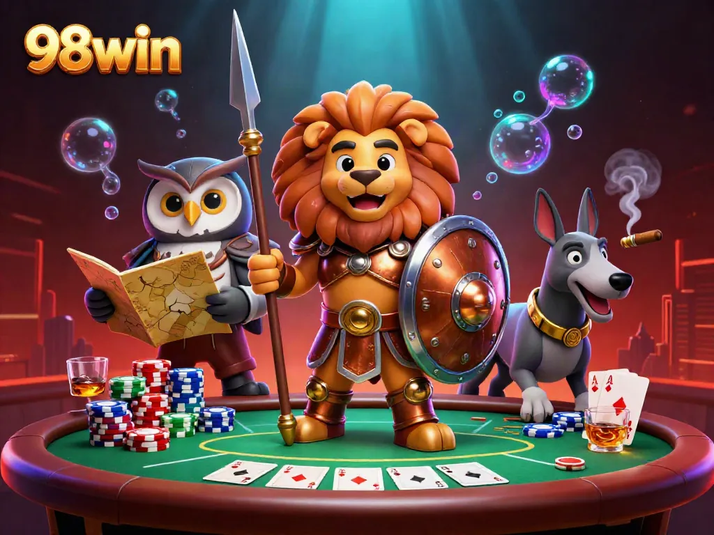 Experience thrilling action at 98win with a colorful scene featuring casino elements and dynamic characters in a vibrant atmosphere.