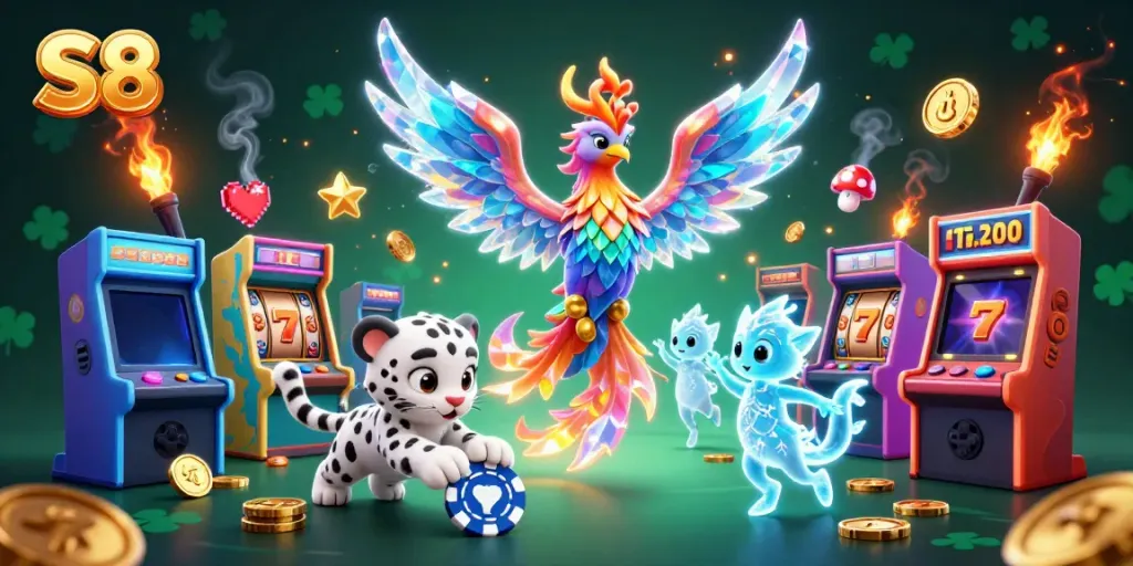 S8's vibrant gaming atmosphere features an ice phoenix and leopards amidst exciting casino elements.