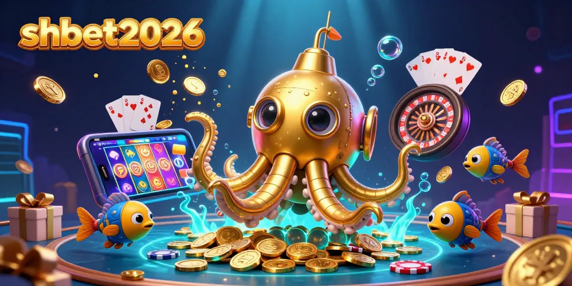 Engage with shbet2026's colorful slot game scene featuring a golden kraken submarine amidst golden coins and exciting gambling elements.