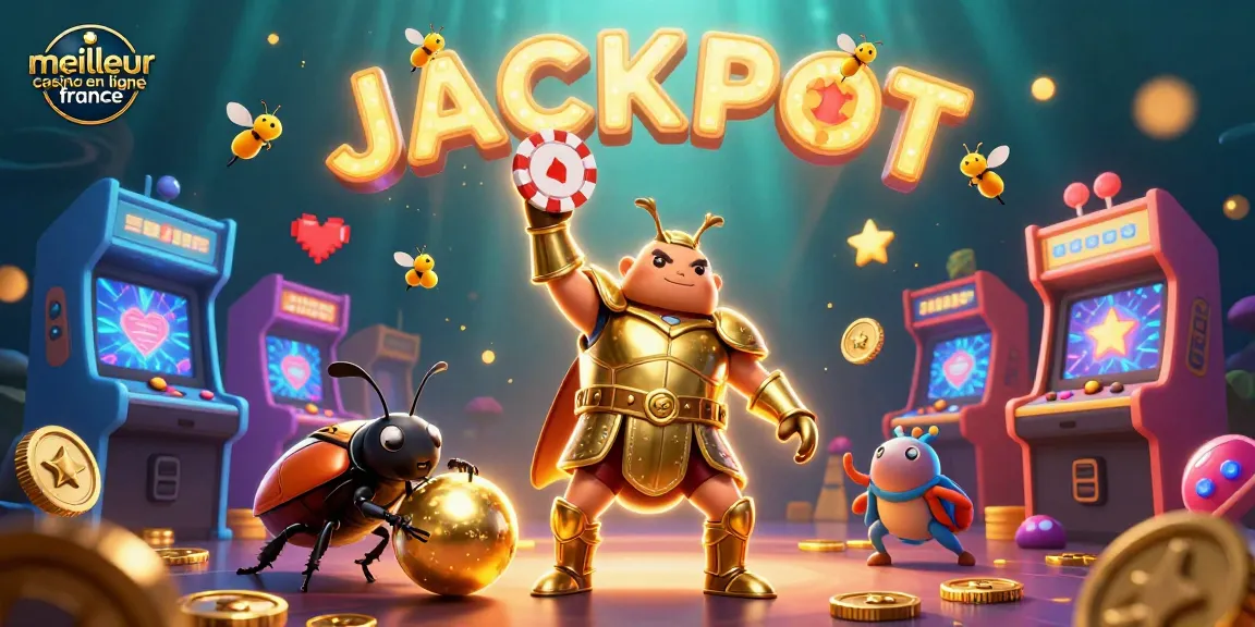 Capturer le moment gagnant au meilleur casino en ligne France avec un scarabée héros levant un jeton de poker, entouré d'éléments colorés de jeu.