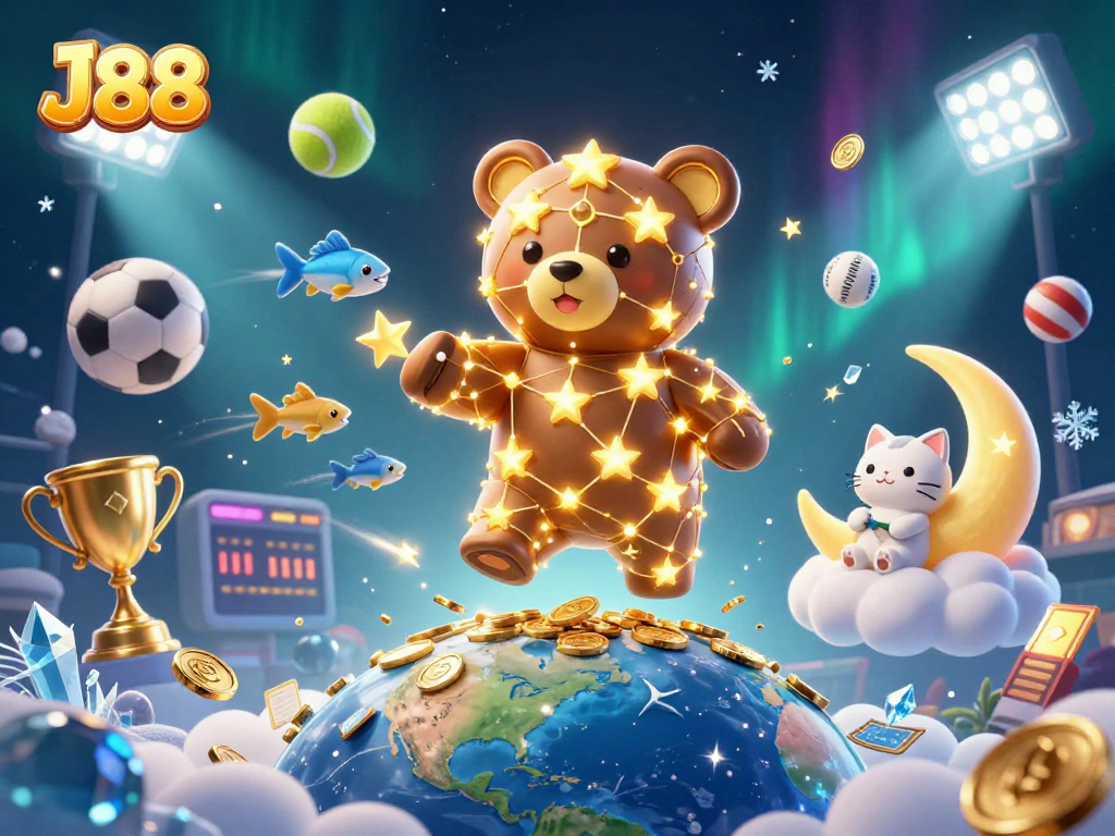 Experience winning with J88's exciting rewards in a vibrant casino-themed 3D illustration.