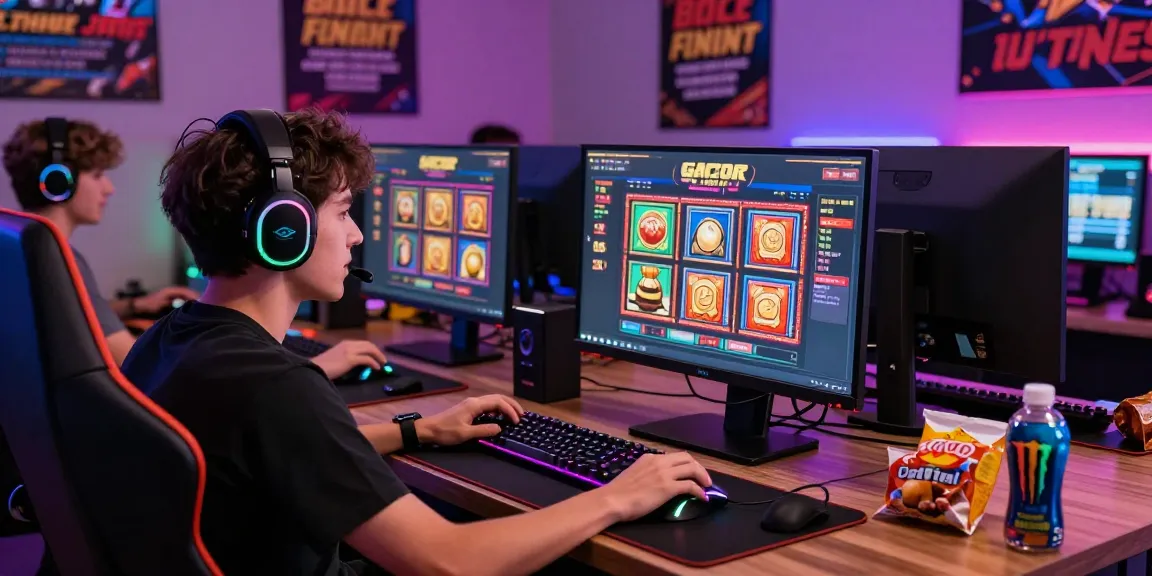 Engaged gamer playing link slot gacor games in dynamic online gaming setup with colorful visuals.
