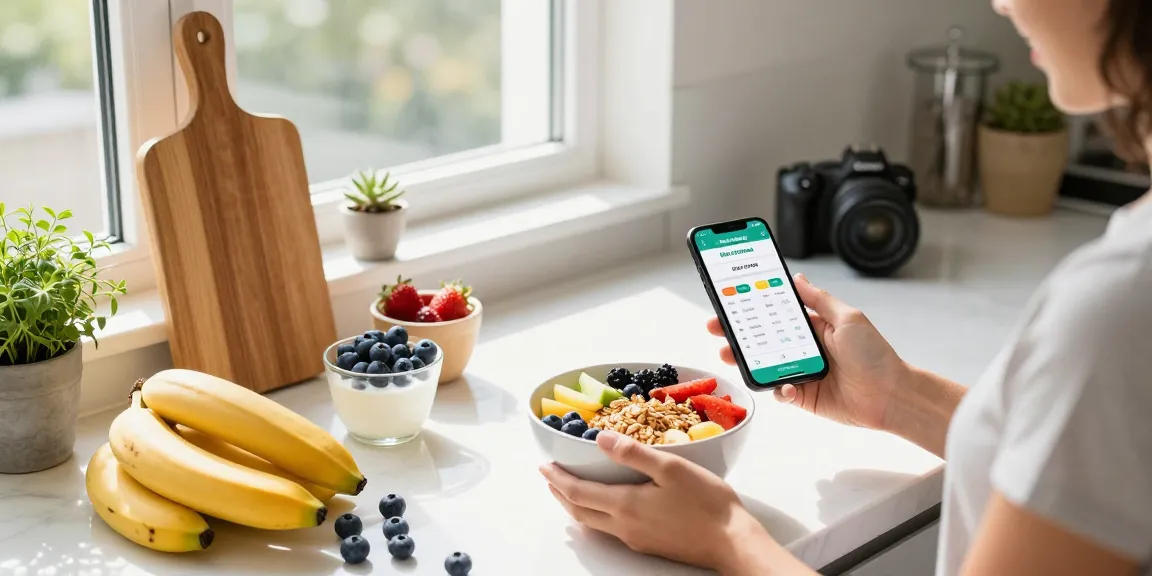 Using the best food tracker to analyze a healthy breakfast with fruits and granola.