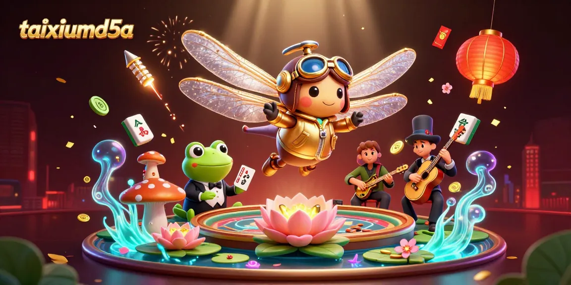 Play Tài Xỉu MD5 with the vibrant scene featuring dragonfly pilots and a frog croupier.