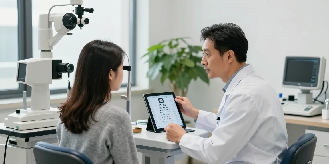 Ophthalmology consultation at a modern eye clinic with doctor and patient discussing eye health.