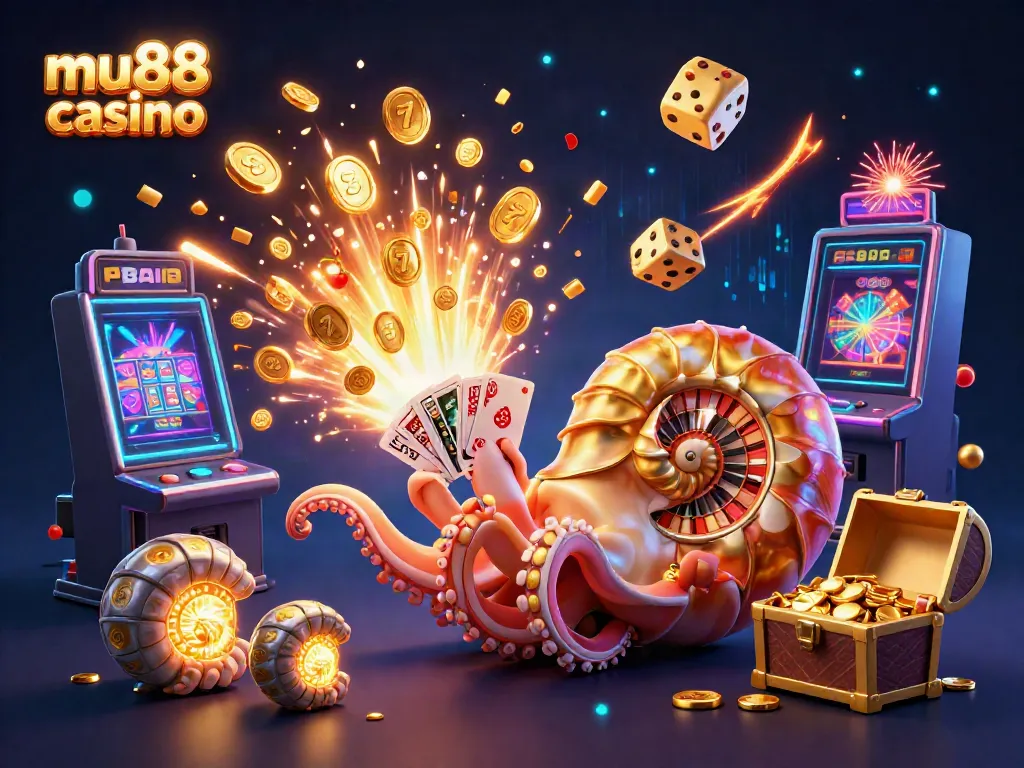 Experience the thrill of mu88 casino with vibrant 3D visuals showcasing a giant nautilus roulette, slot machines, and golden treasures in action.