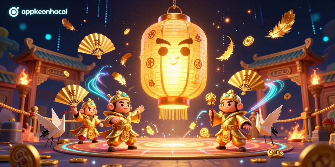 Engage with appkeonhacai's vibrant character scene, showcasing a golden lantern spirit and warriors amidst an exciting casino atmosphere.
