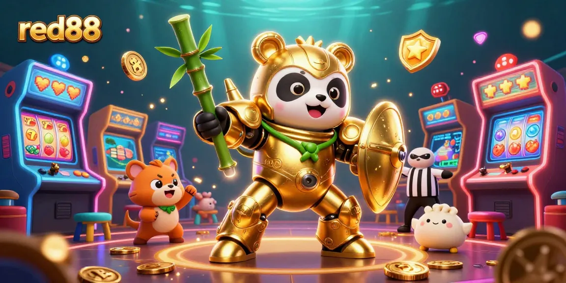 Experience the excitement of red88 casino with a dynamic scene featuring a golden panda mech in action.