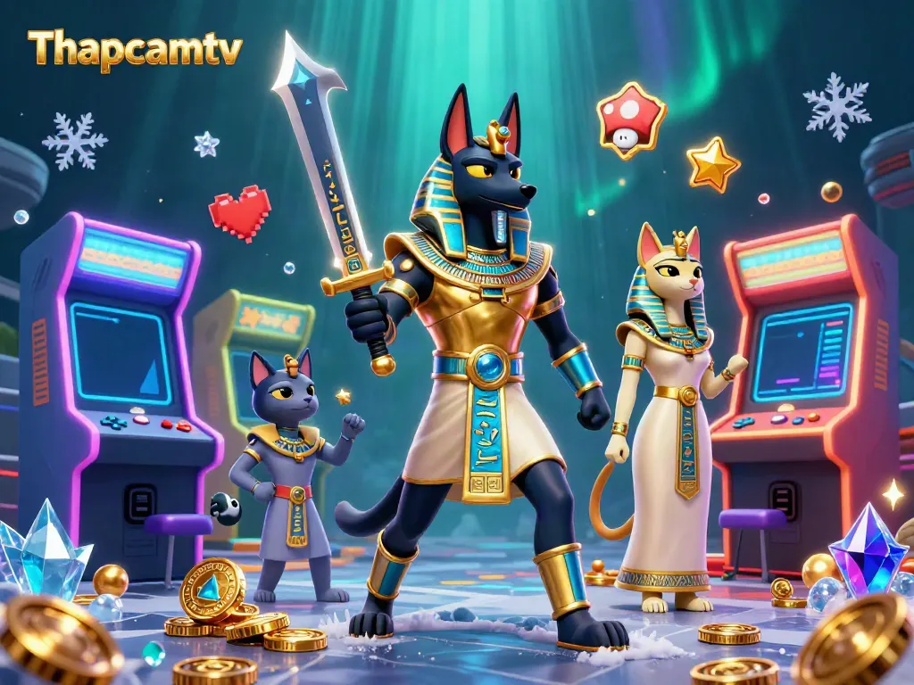 Thapcamtv showcases an ancient Egyptian warrior and his cat surrounded by vibrant casino game elements in a dynamic scene.