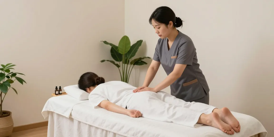 Relaxing 관악구출장마사지 session with a Korean therapist in a serene home environment, focusing on client comfort and personalized care.