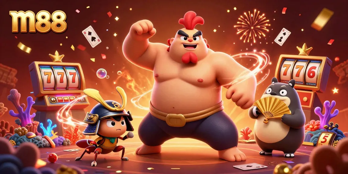 Bet on m88 and witness powerful characters celebrating with gaming elements in a vibrant casino scene.