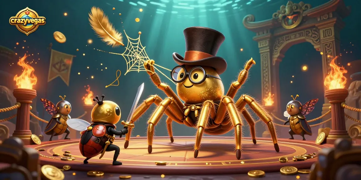 Engage with the thrilling world of crazyvegas as a golden tarantula and beetle knight explore a vibrant casino.