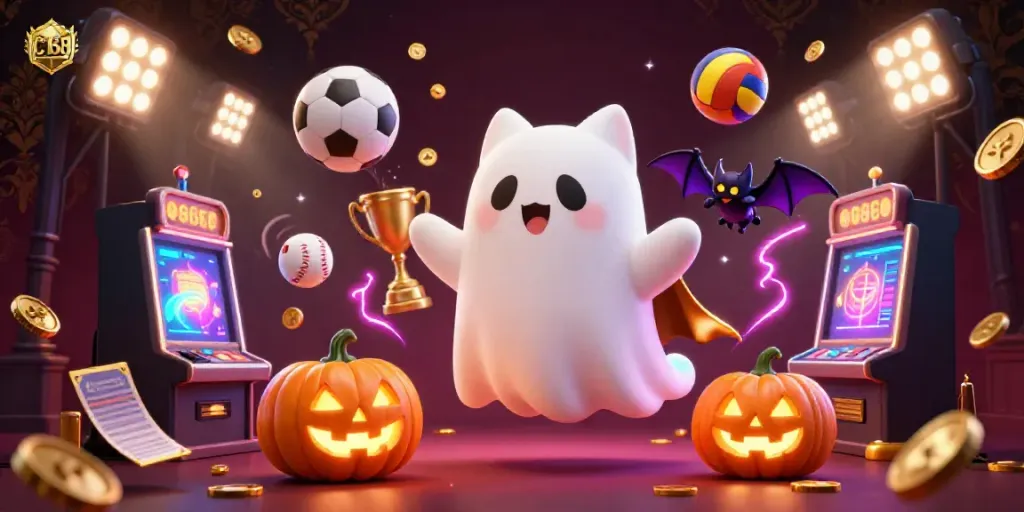 C168 celebrates dynamic casino action with a floating ghost cat and vampire bat in a haunted mansion, surrounded by glowing elements.