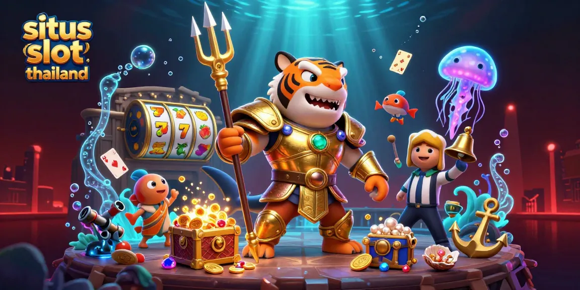 Engage with situs slot thailand's thrilling underwater casino scene featuring a tiger shark and vibrant game elements.