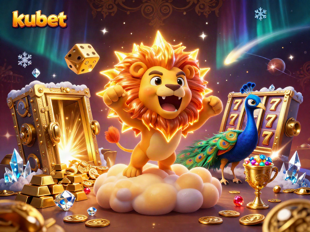 Engage in kubet gaming with a vibrant 3D illustration showcasing casino treasures and lively characters.