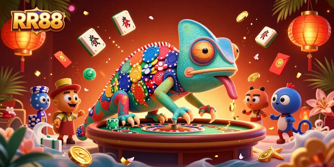 RR88 showcases a vibrant casino scene with a chameleon owner amidst dynamic gaming elements.