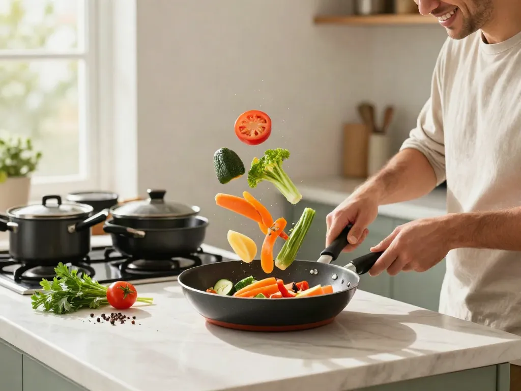 Cooking with non-stick cookware in a sunlit kitchen, showcasing vibrant veggies and joyful preparation. Non-Stick Cookware price in bangladesh context.