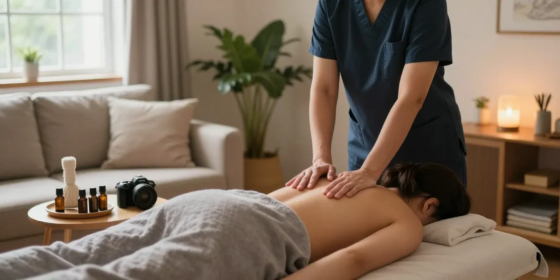 안양출장안마 - Relaxing home massage scene with a professional therapist preparing a cozy massage space for a soothing experience.